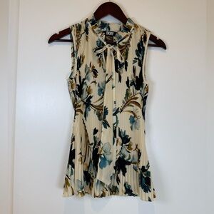 DKNY Sleeveless Pleated Floral Watercolor Blouse - Cream and Teal